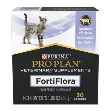 Box of Purina Pro Plan FortiFlora feline probiotic supplement with 30 sachets.