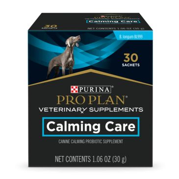 Purina Pro Plan Calming Care canine probiotic supplement packaging with a dog image.