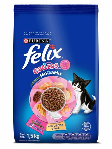 Paquete de alimento para gatitos Felix con leche y DHA.