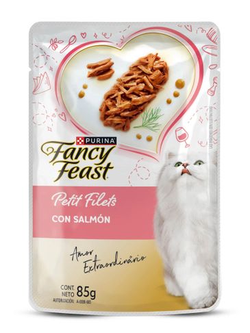Purina Fancy Feast salmon cat food pouch with white cat image.