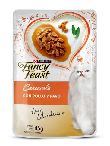 Purina Fancy Feast cat food pouch with chicken and turkey. 