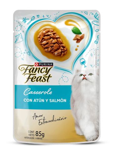 Packet of Purina Fancy Feast cat food with tuna and salmon.