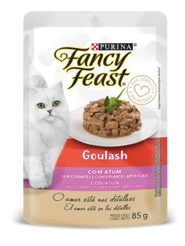 Purina Fancy Feast Goulash cat food with tuna, no artificial colors or preservatives.
