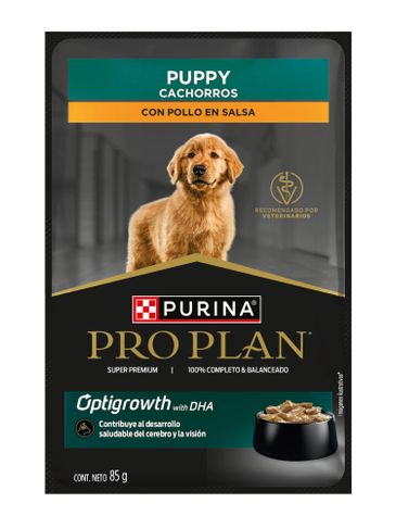 Purina Pro Plan puppy food with chicken in sauce for balanced nutrition.