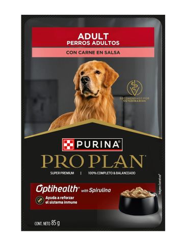 Package of Purina Pro Plan adult dog food with meat sauce and immune support.