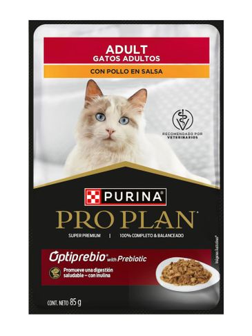 Package of Purina Pro Plan cat food for adult cats with chicken in sauce.
