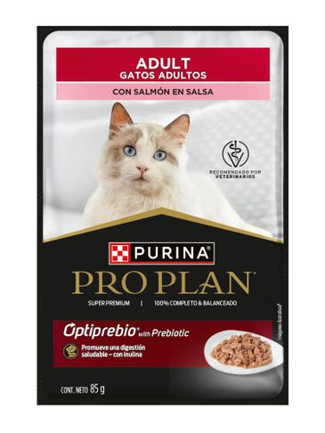Purina Pro Plan wet cat food for adult cats with salmon in sauce.