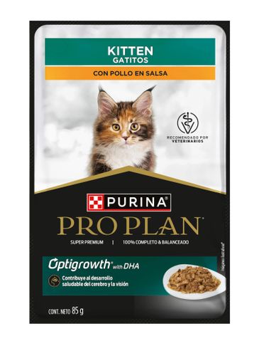 Purina Pro Plan kitten food with chicken in sauce, promoting brain and vision development.