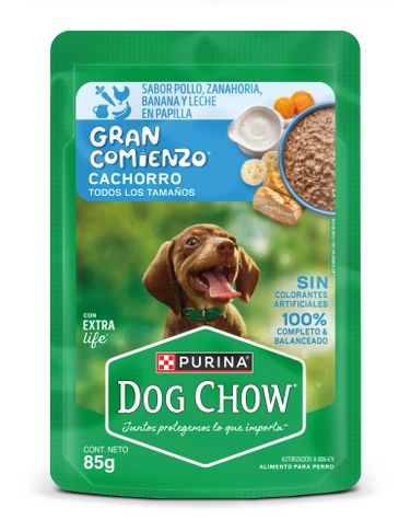 Dog Chow puppy food with chicken, carrot, banana, and milk flavor in green packaging.