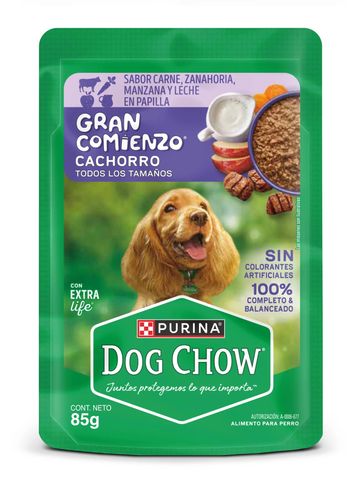 Purina Dog Chow Gran Comienzo puppy food with meat, carrot, apple, and milk flavor.