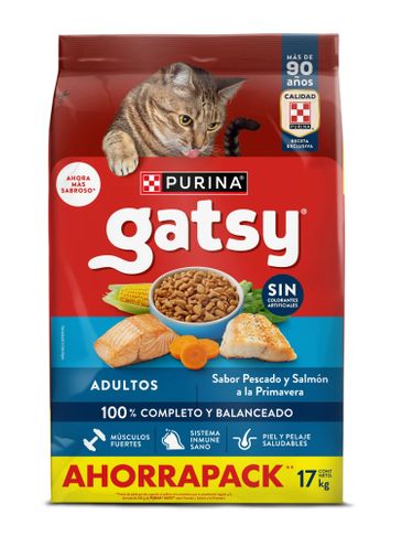 Paquete de comida para gatos Purina Gatsy sabor pescado y salmón.