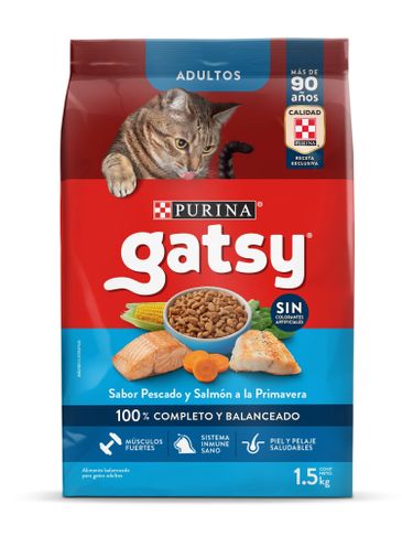 Paquete de comida para gatos adultos Gatsy sabor pescado y salmón.