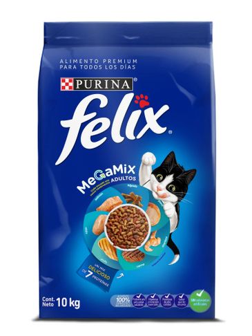 Blue bag of Purina Felix MeGaMix adult cat food with playful cat image.