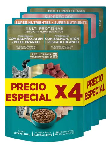 Pack of four cat food pouches with salmon, tuna, and white fish, labeled special price.