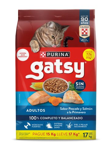 Paquete de alimento para gatos Gatsy sabor pescado y salmón para adultos.