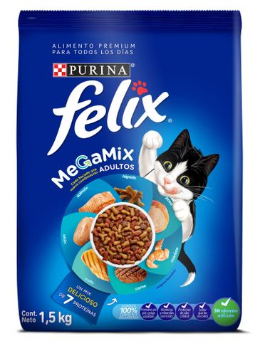 Bag of Purina Felix MeGaMix cat food for adult cats.
