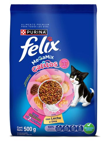 Paquete de alimento para gatitos Felix MegaMix con leche y DHA, 500g.