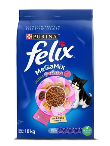 Paquete azul de comida para gatos Purina Felix con mezcla de sabores para gatitos.