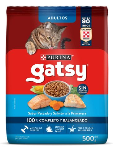 Purina Gatsy adult cat food with fish and salmon flavor.