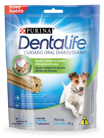 Purina Dentalife daily oral care treats for small dogs, promoting dental hygiene.
