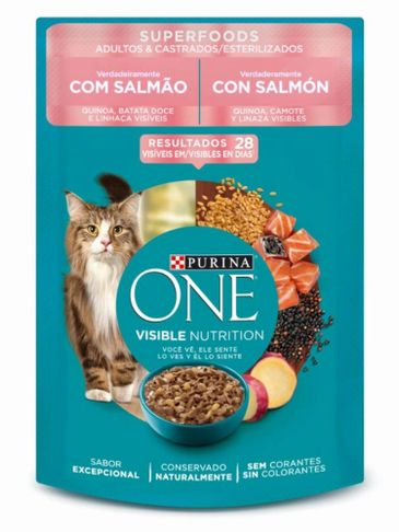 Purina ONE cat food with salmon and superfoods for adult cats.
