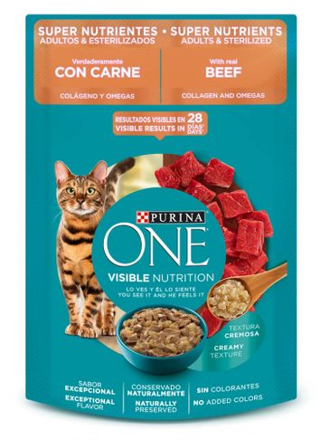 Purina ONE cat food for adult and sterilized cats with real beef and creamy texture.