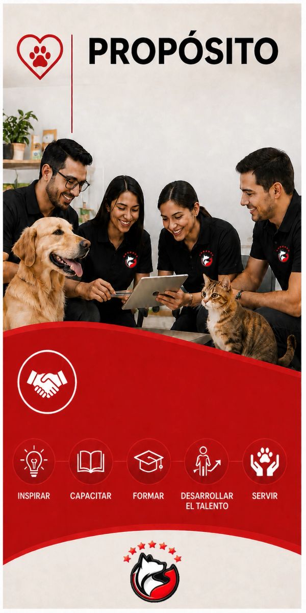 Equipo sonriente con mascota, enfocándose en propósito y desarrollo.
