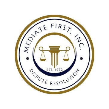 Logo of Mediate First, Inc. with scales and pillar symbolizing dispute resolution.