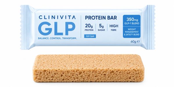 Clinivita GLP protein bar with wrapper and bar shown.