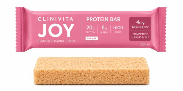 Clinivita Joy protein bar with packaging and unwrapped bar.