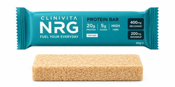 Clinivita NRG protein bar with 20g protein and 5g sugar.