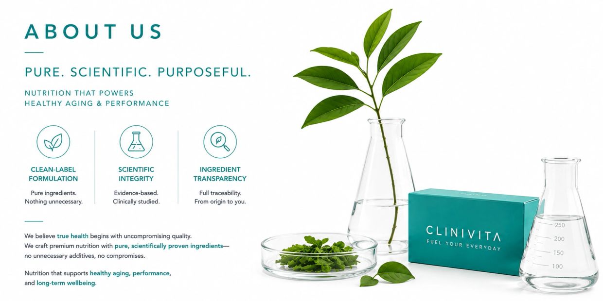 About us section highlighting pure, scientific nutrition with transparency.