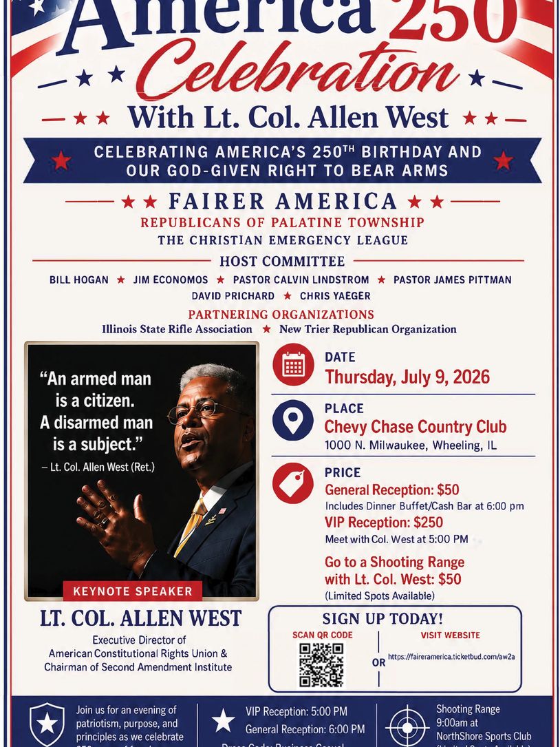 Celebration event with Lt. Col. Allen West on America's 250th birthday, promoting Second Amendment rights.