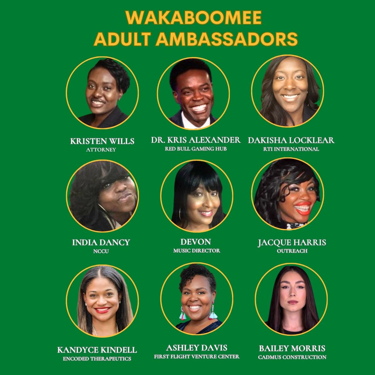 Portraits of Wakaboom Adult Ambassadors with names and professions on a green background.
