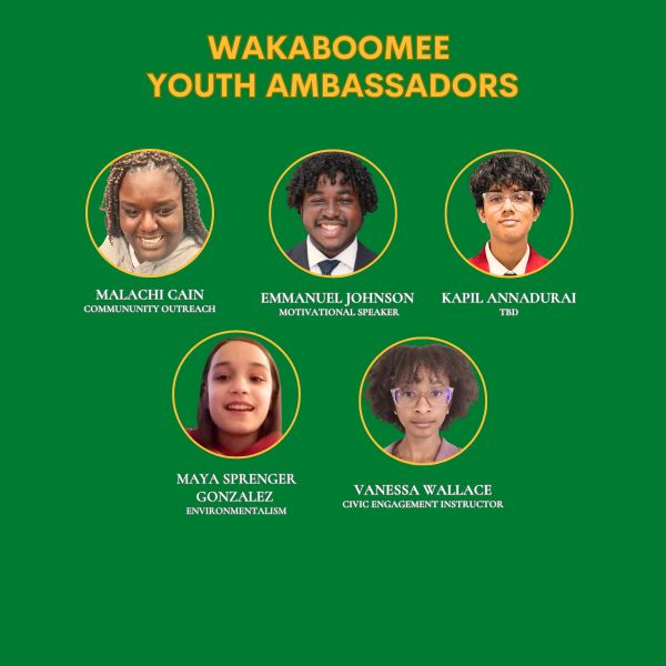 Wakaboomee Youth Ambassadors with roles in community outreach, motivation, environment, and civic engagement.