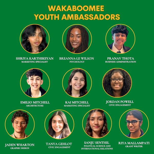 Portraits of Wakaboomee Youth Ambassadors with their roles listed.