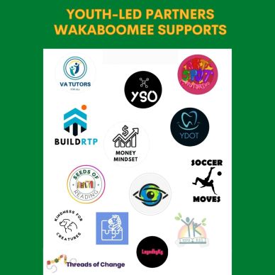 Logos of youth-led partners supported by Wakaboomee on a green background.