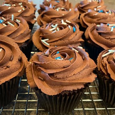 3 rows of 3 chocolate cupcakes each with chocolate frosting and sprinkles.