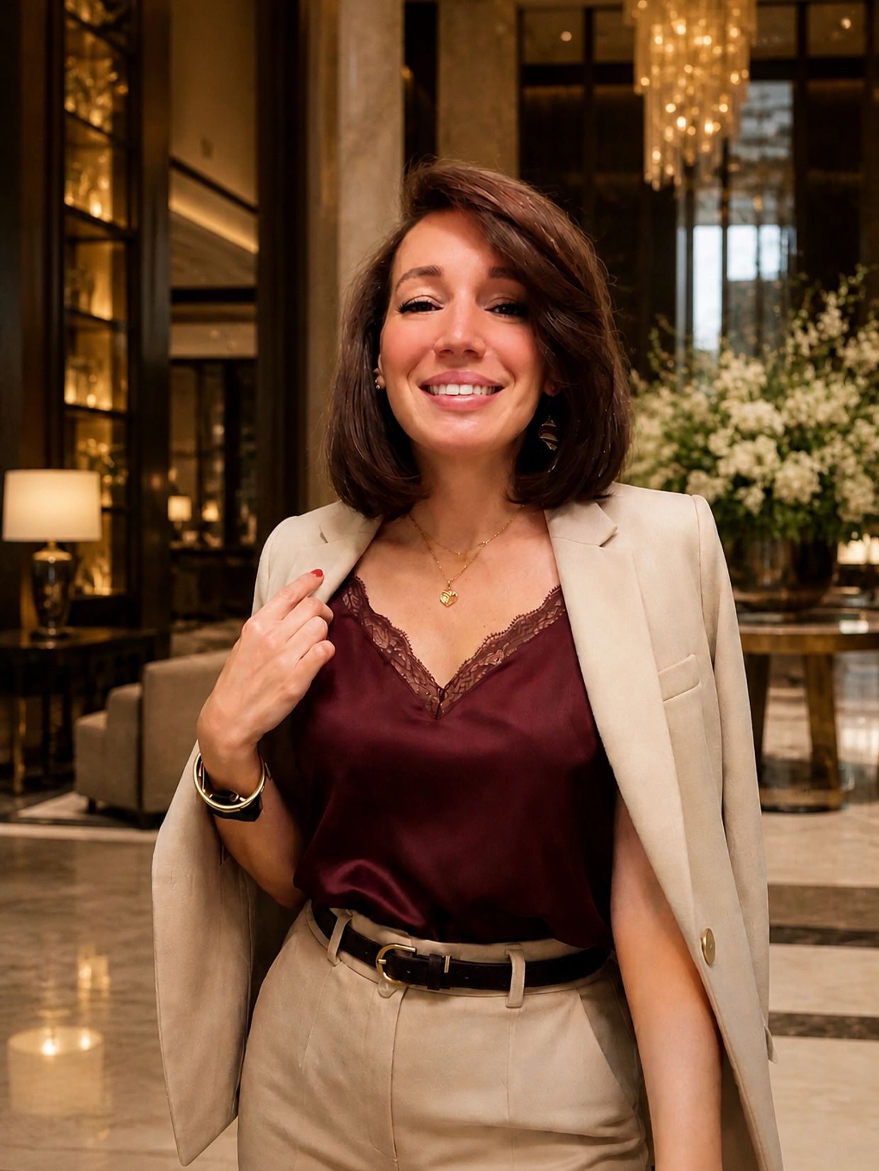 Confident woman in beige suit and maroon top smiling indoors.