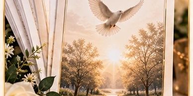 Painting of a dove flying over a serene landscape.