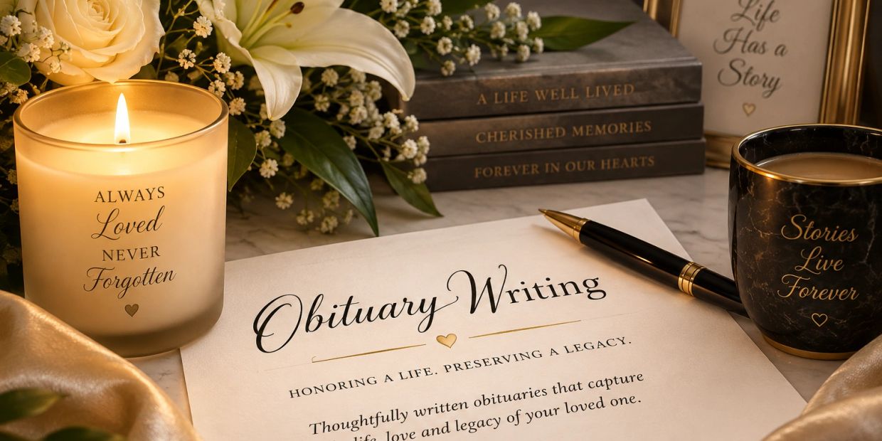 Obituary writing setup with candle, flowers, pen, and cup.
