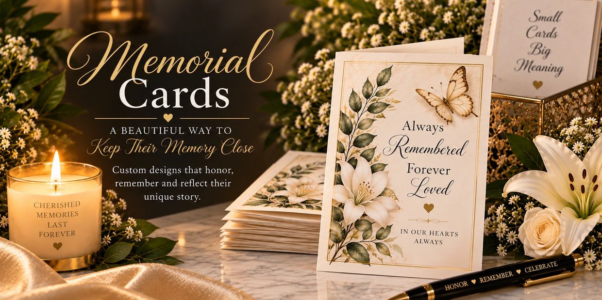 Elegant memorial cards and candle honoring cherished memories.