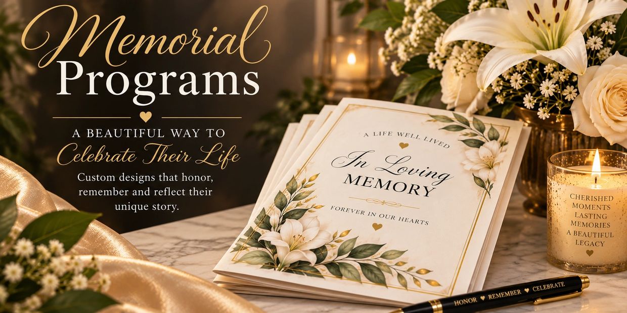 Memorial program cards surrounded by flowers and a candle.