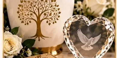 Crystal heart with dove engraving and urn with tree of life.