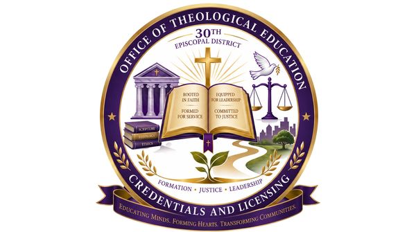 Emblem of the Office of Theological Education with symbols of faith and justice.