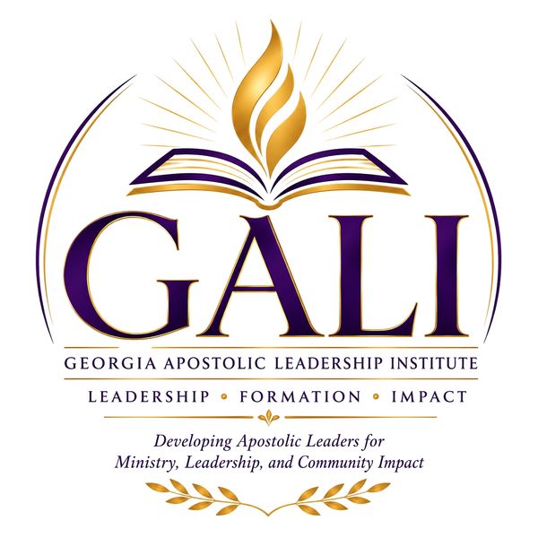 Logo of Georgia Apostolic Leadership Institute with a flame and book.
