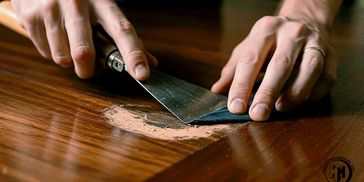Close up of hands working with a flat metal putty knife fixing a deep scratch in the wood.