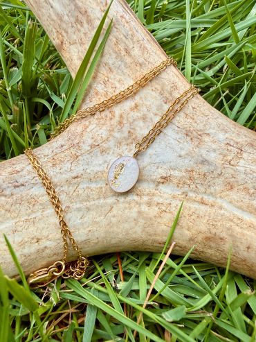 Gold necklace with a pendant resting on a large antler in green grass.