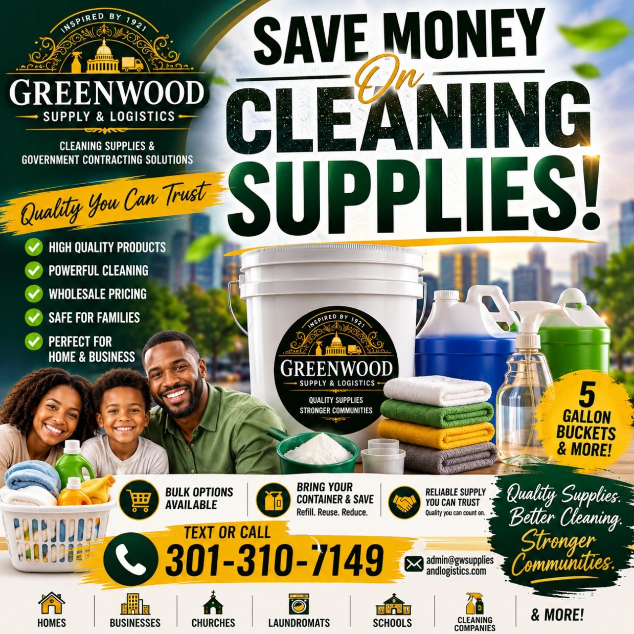 Greenwood offers high-quality cleaning supplies with bulk options and government contracting.