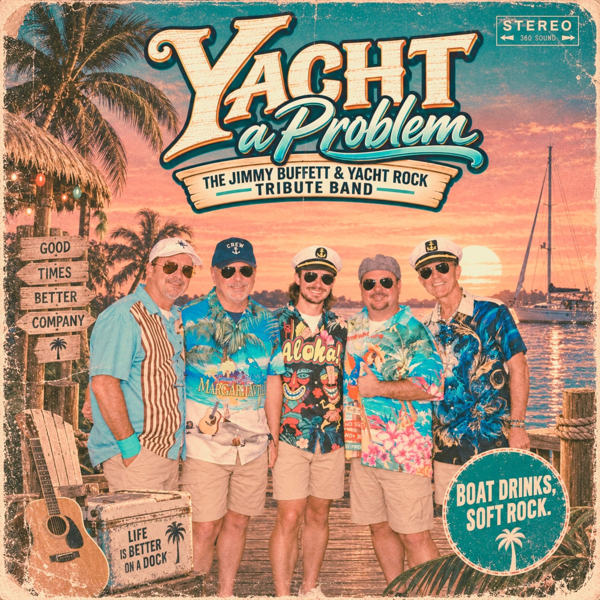 A beach-themed band photo with tropical attire and sunset backdrop.
